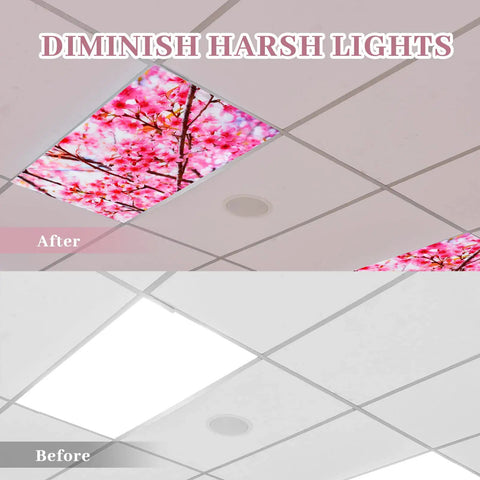 Four Pack 4 x 2 Feet Magnetic Fluorescent Light Covers With Cherry Blossom Decor, Before and After Ceiling Install
