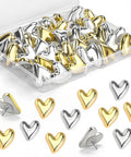 Thirty Piece Pack Of Rustproof Metal Veneered Heart Shaped Push Screws For Gallery Walls Decorative Picture Partitions Solid Hanging Hardware in gold and silver.