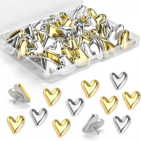 Thirty Piece Pack Of Rustproof Metal Veneered Heart Shaped Push Screws For Gallery Walls Decorative Picture Partitions Solid Hanging Hardware in gold and silver.