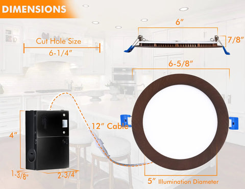 Six Inch LED Recessed Light Canless Wafer Downlight 15W dimensions and components layout