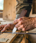 Close-up of Dual Beveled Wood Marking Knife With Bombproof Beech Handle and Hella Sharp Vanadium Steel Core in use on wood.
