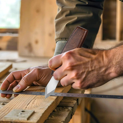 Close-up of Dual Beveled Wood Marking Knife With Bombproof Beech Handle and Hella Sharp Vanadium Steel Core in use on wood.