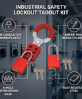 Heavy Duty Industrial Safety Lockout Tagout Kit with Tamper Proof Hasp and Six Hole Interlocking System in use