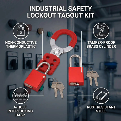 Heavy Duty Industrial Safety Lockout Tagout Kit with Tamper Proof Hasp and Six Hole Interlocking System in use