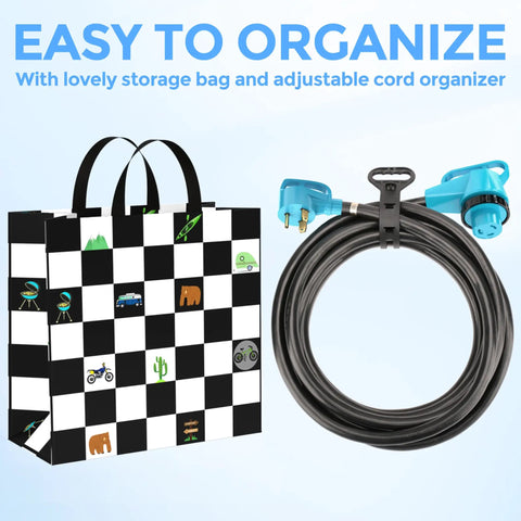 30 Amp RV Power Cord 50 Feet 125 Volt TT 30P Male To L5 30R Twist Lock Right Angle Cable ETL Listed Pure Copper Heavy Duty For Campers And Trailers Ready To Roll In Any Weather, coiled with storage bag