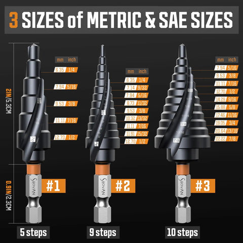 Three Piece Unibit Step Drill Bit Set Built For Beastly Durability M35 Cobalt TiAlN Coated Spiral Cone Bits display