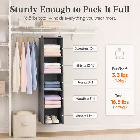 Five Tier Hanging Closet Organizer With Multi Compartment Wardrobe Storage Bin For Sweaters Pants And Towels Slick Heavy Duty Fabric Design Keeps Things Neat And Makes Sorting A Total Breeze