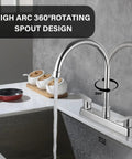 Heavy Duty Two Handle Kitchen Sink Faucet Slick Chrome Finish 360 Swivel High Arch Design Three Hole Deck Mount Tap Tough Stainless Steel Body with 360° rotating spout.