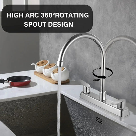 Heavy Duty Two Handle Kitchen Sink Faucet Slick Chrome Finish 360 Swivel High Arch Design Three Hole Deck Mount Tap Tough Stainless Steel Body with 360° rotating spout.