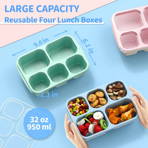 Four Pack 5 Compartment Wheat Straw Lunch Box Set For Adults And Kids Reusable BPA Free Stackable Meal Prep Containers