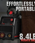 205 Amp Stick Welder Workhorse With Large LED Display Dual Voltage 110V 220V Inverter IGBT Arc Force Hot Start MMA Welder For Smooth Reliable Welds Performance Beast shown as portable and lightweight at 8.4 lbs with carrying handle.