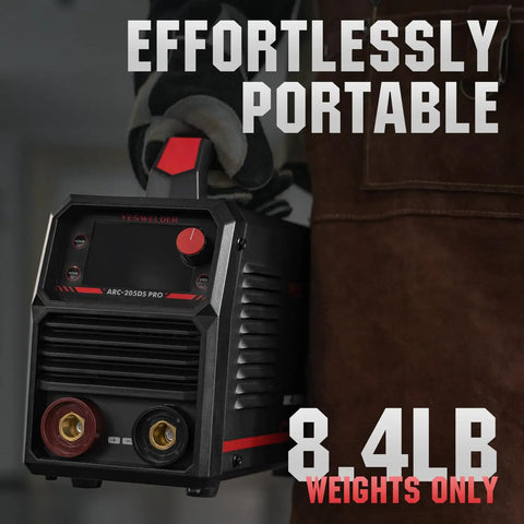 205 Amp Stick Welder Workhorse With Large LED Display Dual Voltage 110V 220V Inverter IGBT Arc Force Hot Start MMA Welder For Smooth Reliable Welds Performance Beast shown as portable and lightweight at 8.4 lbs with carrying handle.