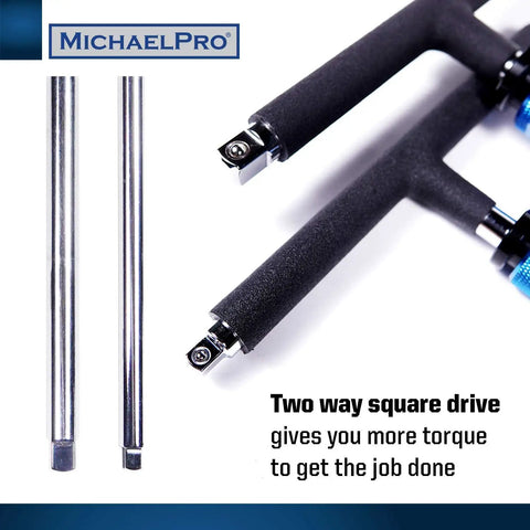 Adjustable T Handle Speed Wrench Set For Quarter Inch And Three Eighth Inch Drives With Two Way Square Drive Spinner Handle