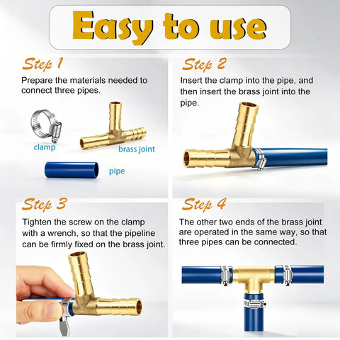 Brass Tee Barbed Fittings 5 By 16 Inch 8mm Three Way T Shape Union Splitter For 5 By 16 Inch ID Hoses With Hose Clamps Durable Corrosion Resistant Perfect For Water Fuel Air Lines In Automotive And Home Hydraulics 2 Pack installed on blue hose