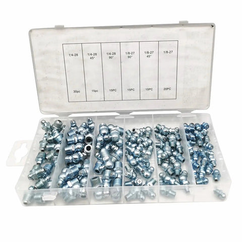 Huge 110 Piece Grease Nipple And Oil Fitting Assortment Kit With Imperial 45 And 90 Degree Hydraulic Nipples Featuring One-Way Spring Sealing For Flawless Lube Gun Delivery Plus Solid Build Quality, plastic case