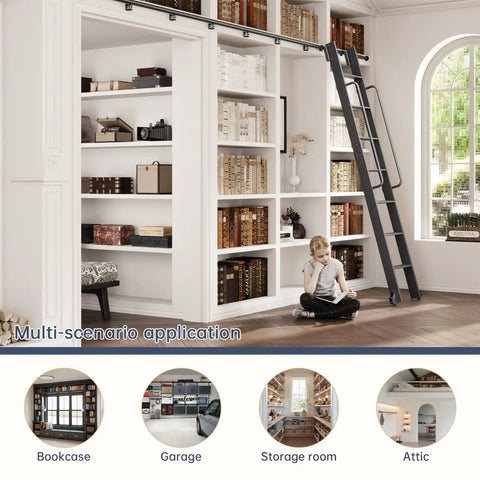 Heavy Duty 9ft Aluminum Rolling Library Ladder With 4ft Sliding Track Kit, 8 Steps With Handrail, Telescopic Hook Track And Brake Wheel, 450lbs Capacity, Black, Easy Assembly For Loft Bookshelf Attic Home Shop leaning on white bookshelves