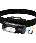 Rechargeable LED Headlamp With 1500 Lumens featuring aluminum magnetic head, black strap, and dual beam design.