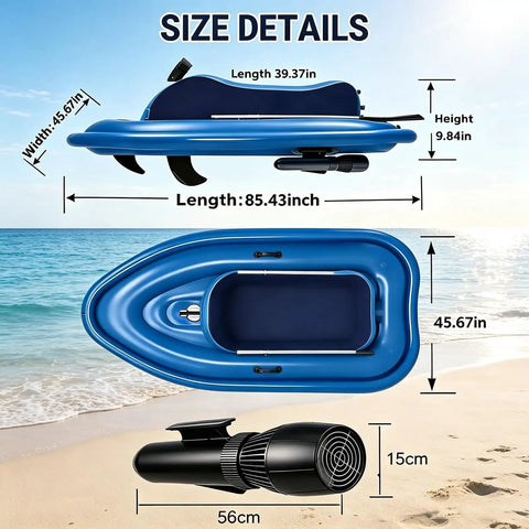Electric Rush Wave Surf Boat Jet Ski Inflatable Underwater Scooter 700W Pro 16A size details with dimensions on beach.