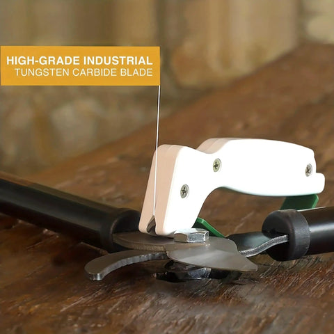 Portable Handheld Knife Sharpener With V Notch Edge Restorer for garden tools, highlighting tungsten carbide blade