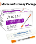 Bulk 100 Pack 1 mL Lab Syringes With 27 Gauge One Half Inch Needles, Individually Sealed For Sterile Use, No Fuss Dosing, Clear Measurement Scale For Precise Dosing, Leak Proof Plunger Design, Great For Labs, Demos, Small Projects on box and sealed syringe