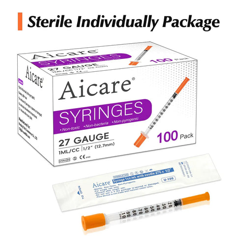 Bulk 100 Pack 1 mL Lab Syringes With 27 Gauge One Half Inch Needles, Individually Sealed For Sterile Use, No Fuss Dosing, Clear Measurement Scale For Precise Dosing, Leak Proof Plunger Design, Great For Labs, Demos, Small Projects on box and sealed syringe
