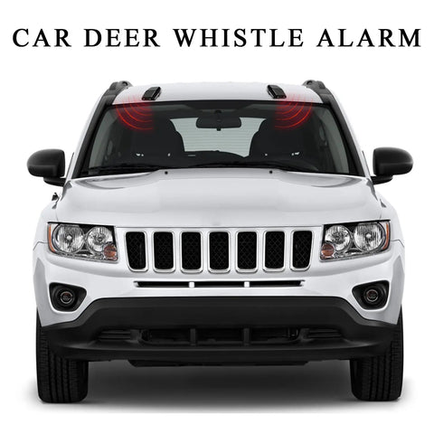 4 Pack Deer Warning Whistles With Waterproof Adhesive Tapes For Cars Trucks And SUVs That Help Keep Deer And Other Wildlife From Crossing Your Path And Prevent Collisions While Boosting Driving Safety Black installed on SUV front view.