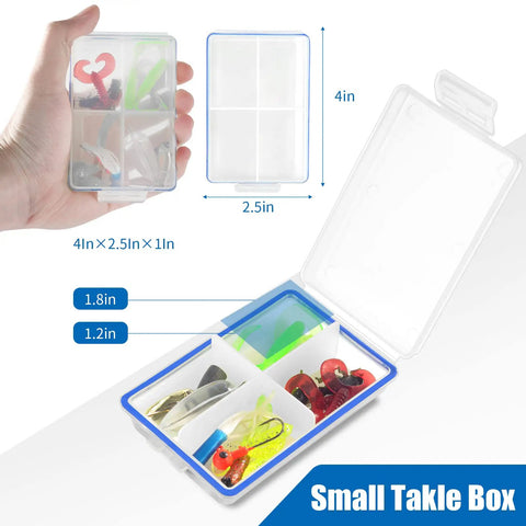 4 Pack Mini Waterproof Tackle Box Organizer For Fly Fishing with four compartments shown in hand and open on surface, compact size