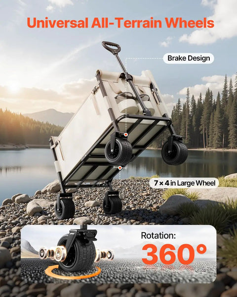 3-in-1 Collapsible Wagon With Wheels, Converts To A 75cm Wide Sofa, Heavy Duty 550lbs 220L Capacity, all-terrain wheels, on rocky shore.