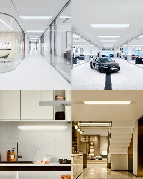 3ft LED Shop Light Fixture 30W Tube 3600 Lumens 4000K Neutral White Ceiling Light in various indoor settings for versatile use