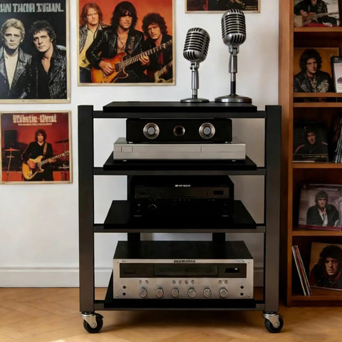 Heavy Duty Audio Component Rack With Smooth Locking Wheels Four Tier Black AV Media Stand Park Your Studio Gear In Style Solid As A Rock For Every Setup