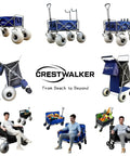Beach Cart With Balloon Wheels, Heavy Duty Steel Wagon With Various Configurations, Crestwalker Logo, and Users