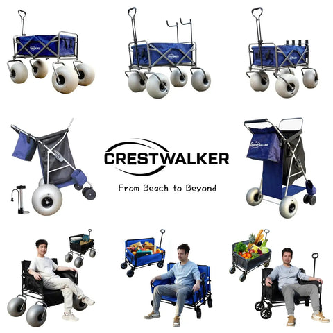 Beach Cart With Balloon Wheels, Heavy Duty Steel Wagon With Various Configurations, Crestwalker Logo, and Users