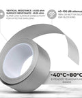 Heavy Duty Faraday Shield Tape 2 Inch By 65 Feet Conductive Cloth Adhesive in roll, showcasing temperature range and shielding features