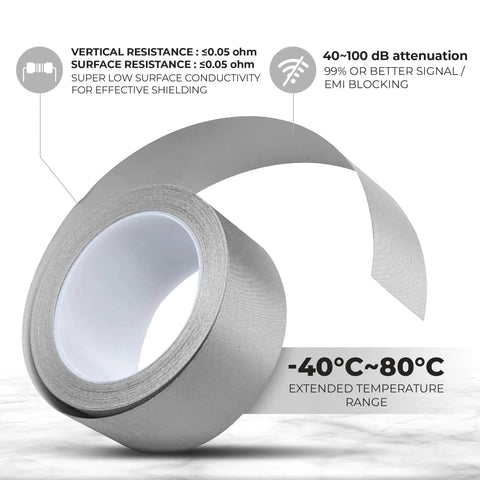 Heavy Duty Faraday Shield Tape 2 Inch By 65 Feet Conductive Cloth Adhesive in roll, showcasing temperature range and shielding features