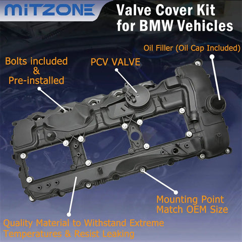 N55 Engine Valve Cover Kit With Gasket Bolts And Oil Cap for BMW models 2010-2019, showing valves and pre-installed bolts.