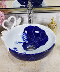 Round Hand Painted Ceramic Vessel Sink Above Counter Bathroom Basin With Slick Classic Vintage Vibes For Quick Room Glow Up And Top Tier Durable Vanity Setup, featuring blue floral design.