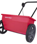 Red 75Lb Drop Spreader for Lawn Care With 22 Inch Coverage, adjustable flow, sturdy design, large wheels, side view