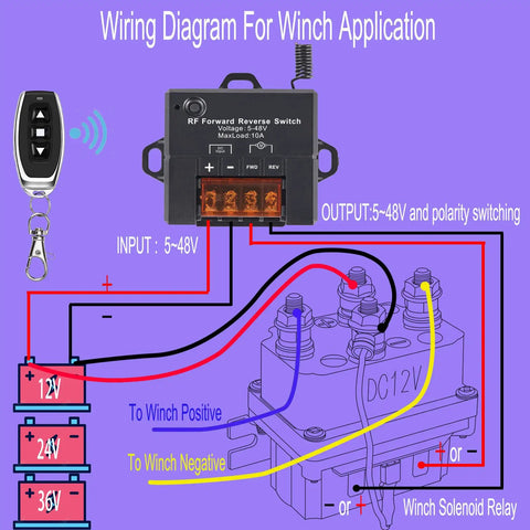 Wiring diagram for Wireless Forward Reverse Remote Switch For DC Motors And Linear Actuators 5V To 48V, 10A, 168 Ft Range