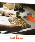 37 Piece Metal Letter And Number Stamp Set With Heart Symbols Punch Kit next to hands carving wood on a workbench.