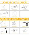 Diagram showing wall and door installation of Heavy Duty Magnetic Door Stopper for Wall and Bottom of Door with Adjustable Height