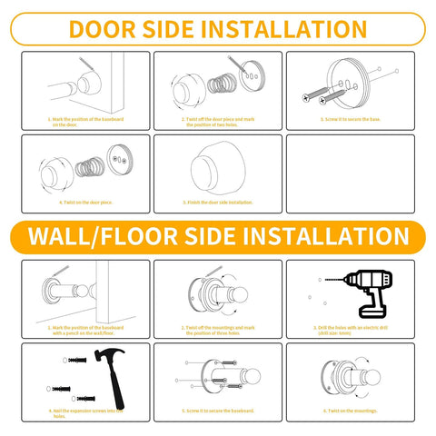 Diagram showing wall and door installation of Heavy Duty Magnetic Door Stopper for Wall and Bottom of Door with Adjustable Height