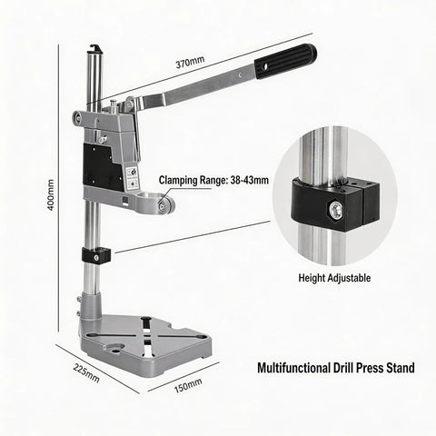 Heavy Duty Aluminum Drill Press Stand For Hand Drills, Built Like A Tank Workbench Mount shown with height adjustment features.