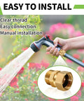 360 Degree Brass Garden Hose Swivel Fitting 3/4 GHT Male To Female Adapter For Outdoor Use Keeps Your Water Flow Smooth And Free From Kinks Heavy Duty Brass Build For Real Lawn Pros. Brass hose swivel adapter connected to a spray nozzle, with 360° swivel for outdoor watering.