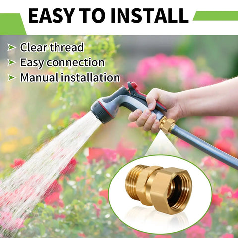 360 Degree Brass Garden Hose Swivel Fitting 3/4 GHT Male To Female Adapter For Outdoor Use Keeps Your Water Flow Smooth And Free From Kinks Heavy Duty Brass Build For Real Lawn Pros. Brass hose swivel adapter connected to a spray nozzle, with 360° swivel for outdoor watering.