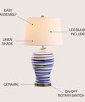 Blue And White Ceramic Table Lamp 29 Inch Tall With White Linen Shade For Living Room Bedroom Or Office Coastal Vibe Modern Nightstand Lamp With Energy Saving LED Bulb Included