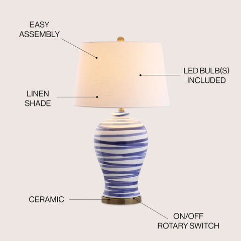 Blue And White Ceramic Table Lamp 29 Inch Tall With White Linen Shade For Living Room Bedroom Or Office Coastal Vibe Modern Nightstand Lamp With Energy Saving LED Bulb Included