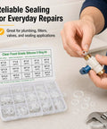 Clear Food Grade Silicone O Ring Set 225 Piece Seal Kit with sizes for plumbing fittings visible, ideal for DIY repairs.