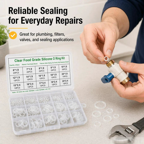 Clear Food Grade Silicone O Ring Set 225 Piece Seal Kit with sizes for plumbing fittings visible, ideal for DIY repairs.