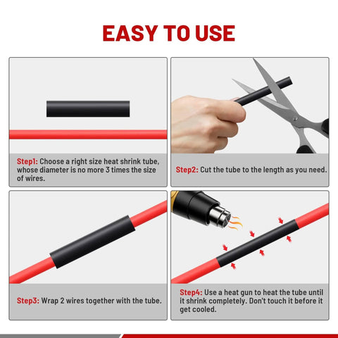 Instructional steps for using Adhesive-Lined Heat Shrink Tubing Kit Marine Grade 320 Pieces 3 To 1 Shrink Ratio on red wire