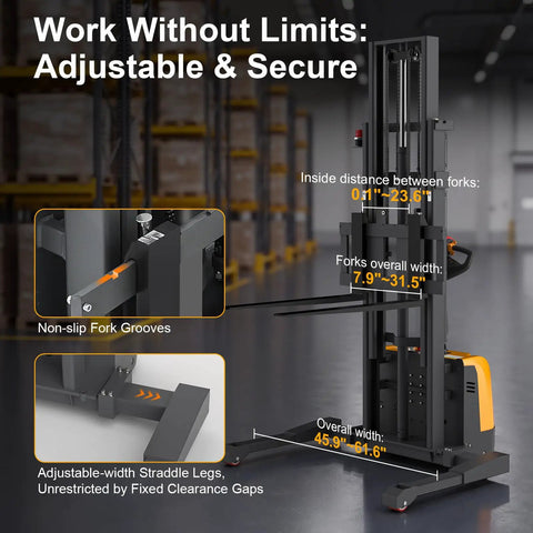 Rugged Heavy Duty Electric Lithium Pallet Stacker Cranks Up To 3300 Lbs With A Snappy 98 Inch Lift Height showing adjustable forks and straddle legs.